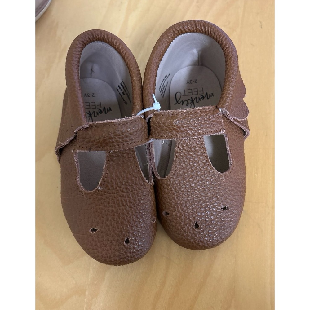 Monkey Feet Brown T-Strap Baby leather moccasin Shoes Size 2-3Y